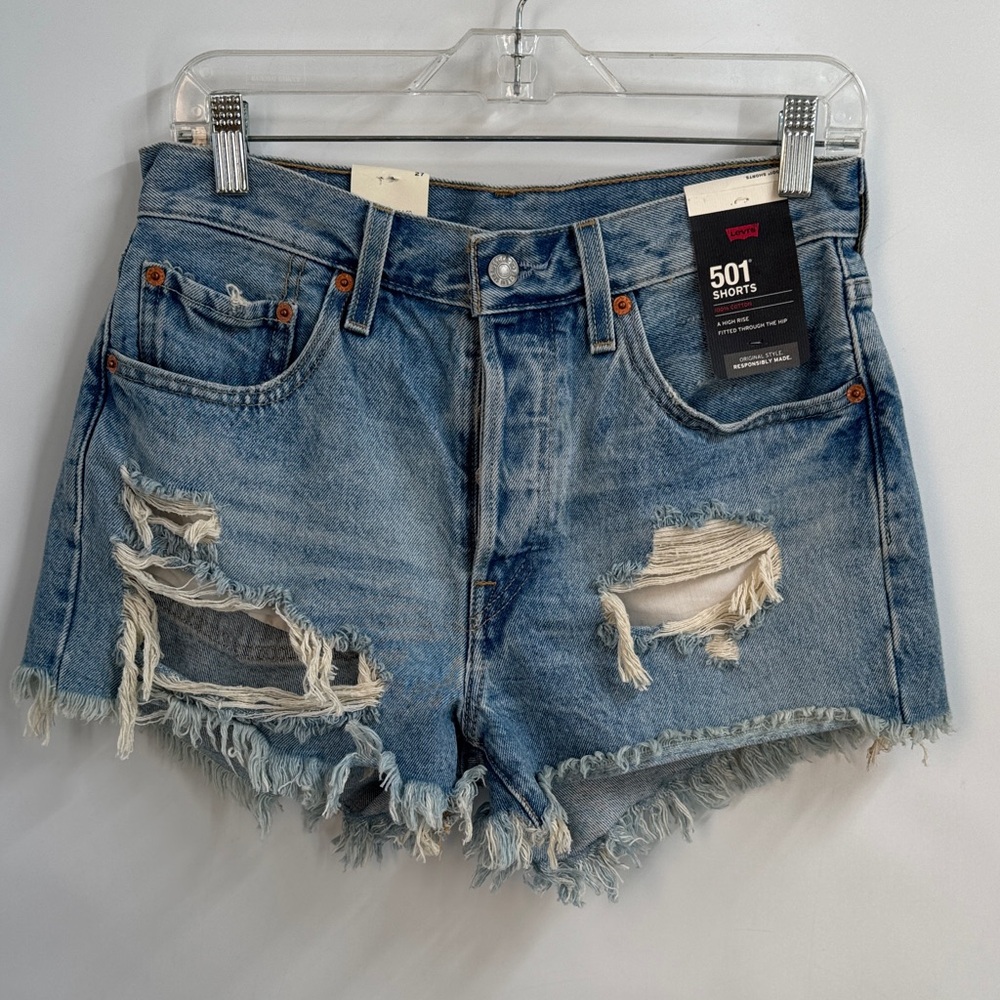 Levi's 501 Distressed Denim Shorts High Waist Raw Hem Cotton Size 27 - Picture 2 of 13